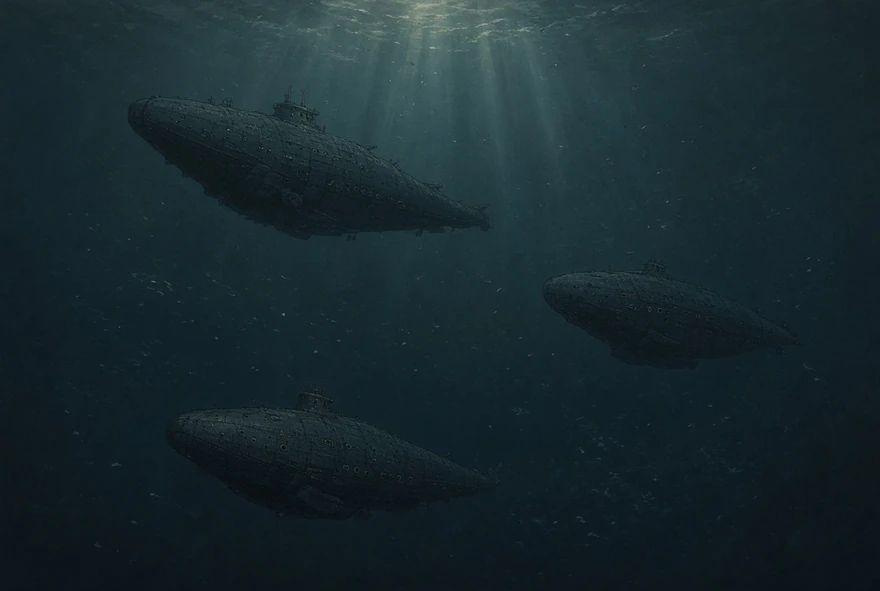 Ghibli-style noch von drei genieteten U-Booten in tiefem Wasser, mit Licht von der Oberfläche.
